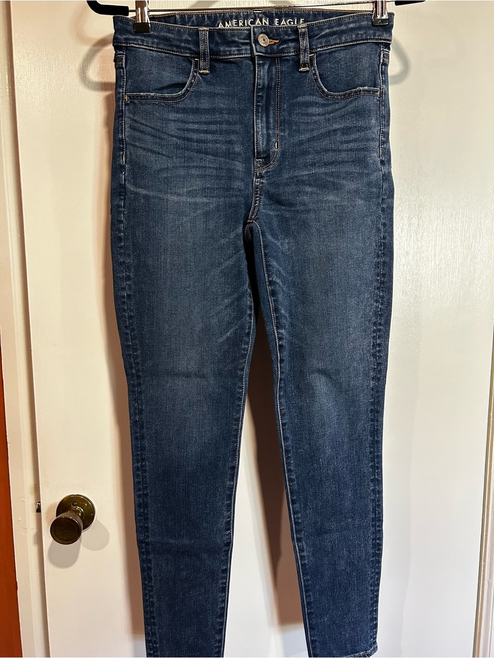 American Eagle Outfitters Super Hi-Rise Jegging - Blue with Gold Stitching